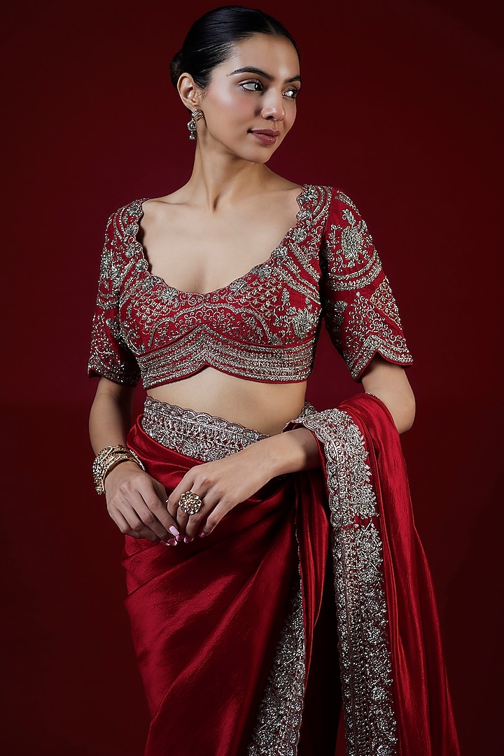 Red Silk Zari Embroidered Bridal Saree Set by Jayanti Reddy at Pernia's Pop Up Shop