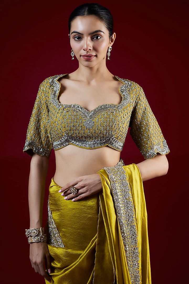 Mustard Silk Zari Embroidered Bridal Saree Set by Jayanti Reddy at Pernia's Pop Up Shop
