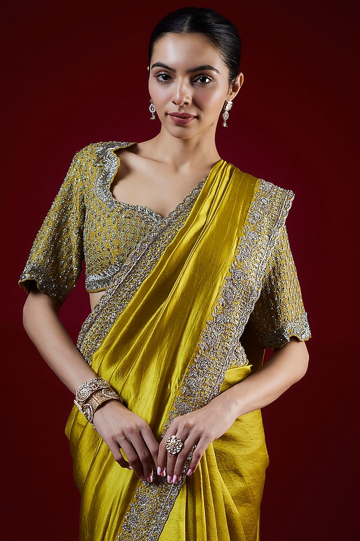 Mustard Silk Zari Embroidered Bridal Saree Set by Jayanti Reddy at Pernia's Pop Up Shop