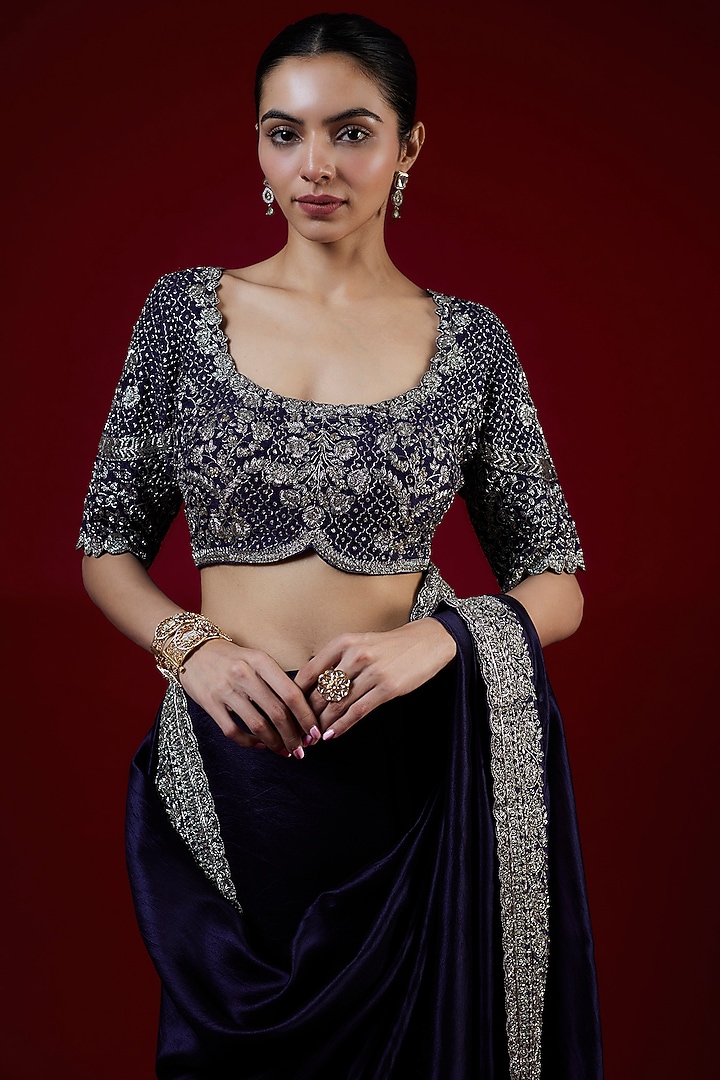 Purple Silk Zari Embroidered Bridal Saree Set by Jayanti Reddy at Pernia's Pop Up Shop