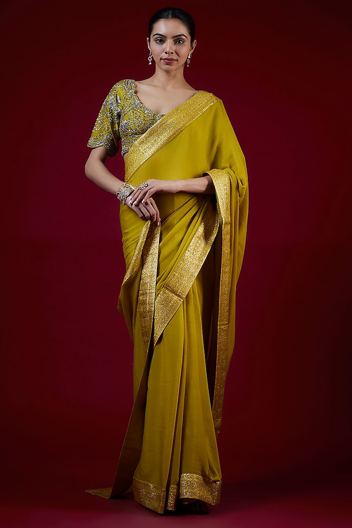 Mustard Chiffon Zari Embroidered Saree Set by Jayanti Reddy at Pernia's Pop Up Shop