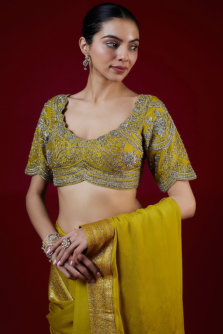 Mustard Chiffon Zari Embroidered Reception Saree Set by Jayanti Reddy at Pernia's Pop Up Shop