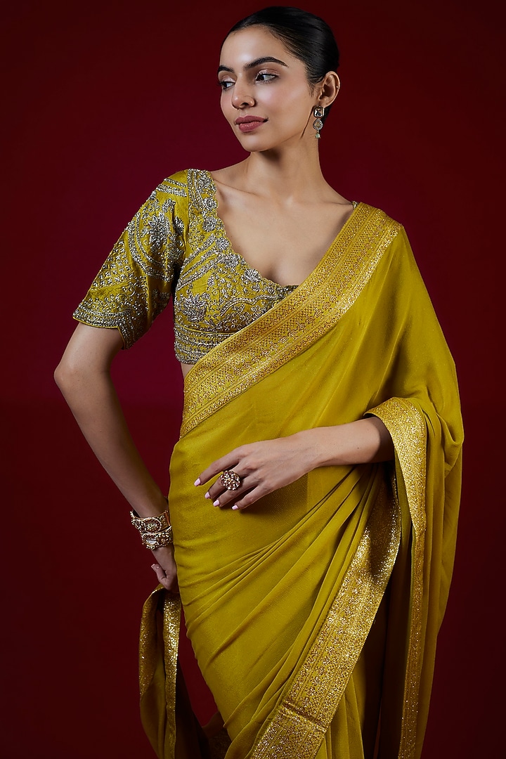 Mustard Chiffon Zari Embroidered Reception Saree Set by Jayanti Reddy at Pernia's Pop Up Shop