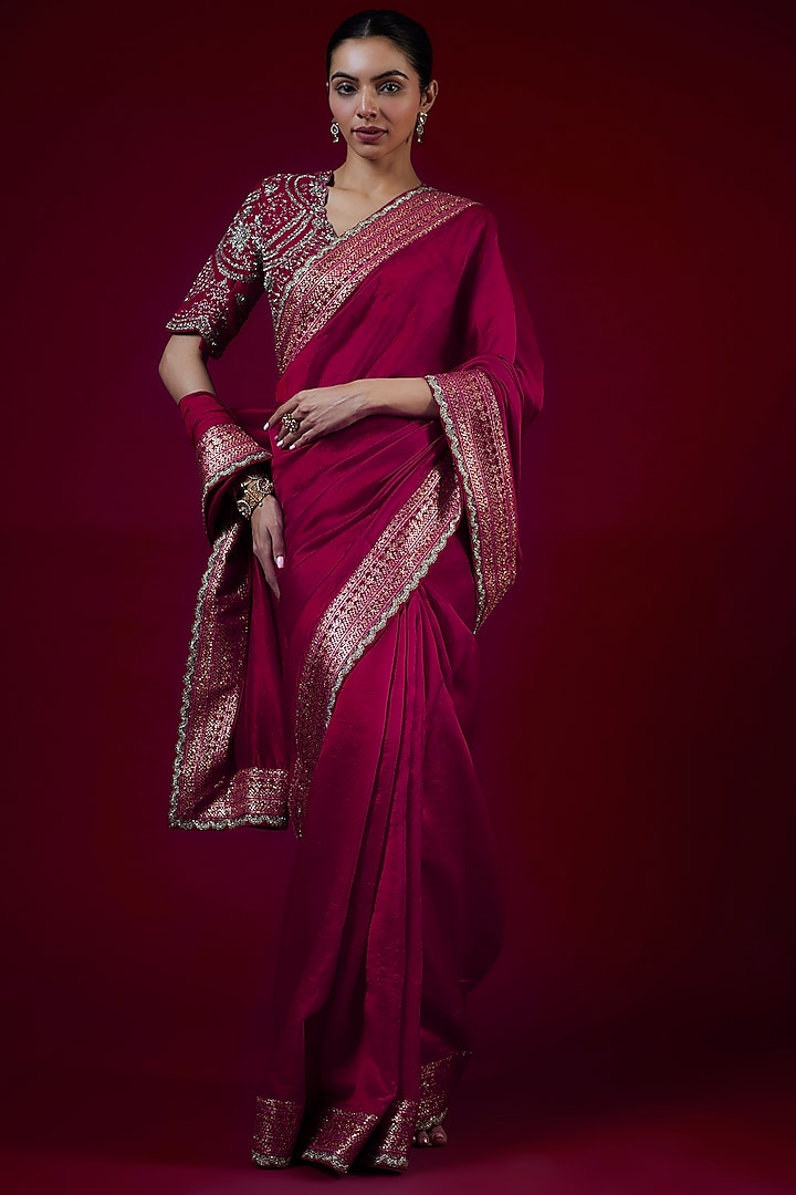 Dark Pink Silk Zari Embroidered Saree Set by Jayanti Reddy