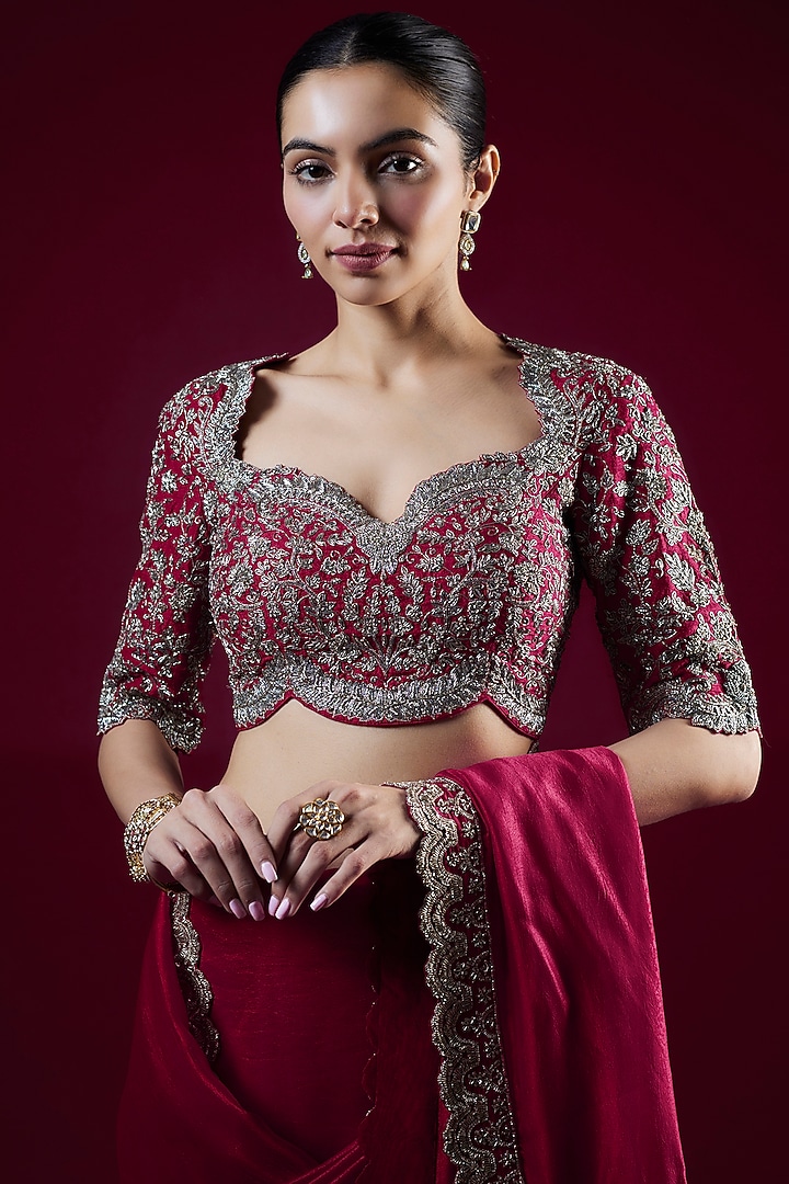 Red Silk Zari Embroidered Bridal Saree Set by Jayanti Reddy at Pernia's Pop Up Shop