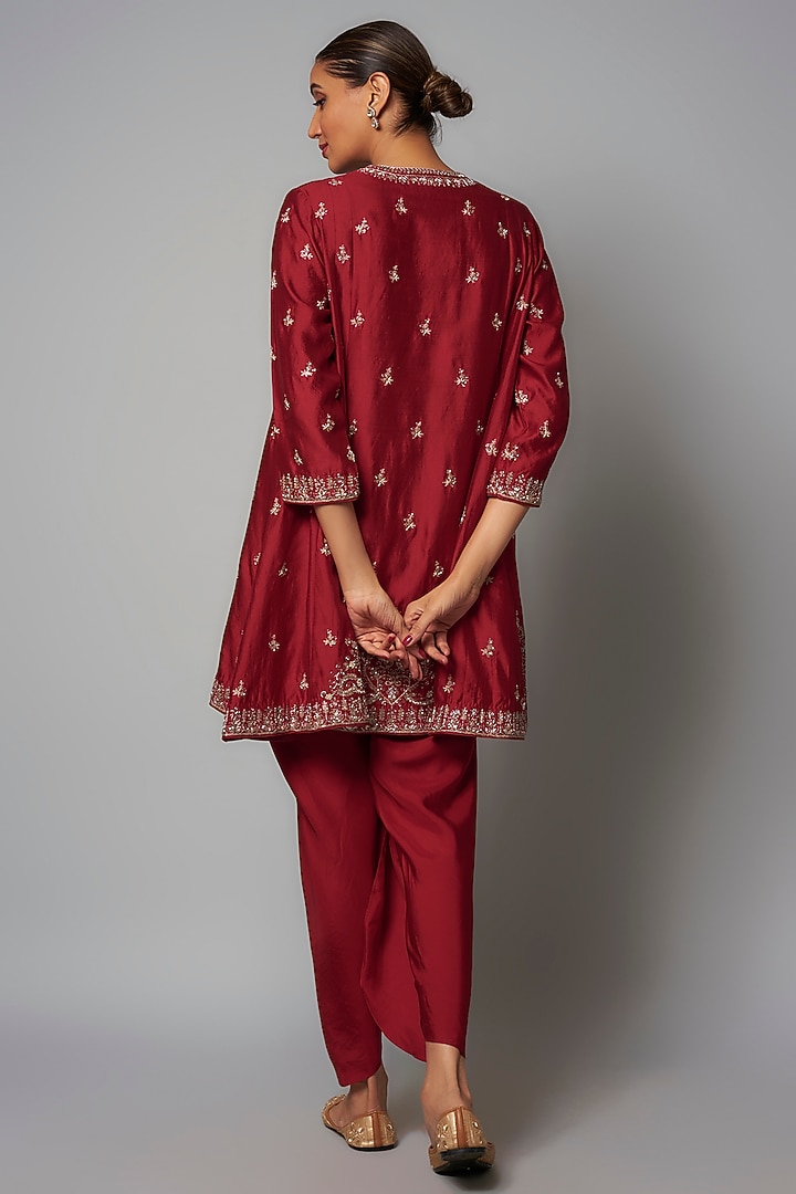 Red Silk Zardosi Embroidered Tunic Set by Jayanti Reddy at Pernia's Pop Up Shop