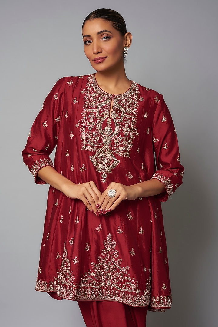 Red Silk Zardosi Embroidered Tunic Set by Jayanti Reddy at Pernia's Pop Up Shop