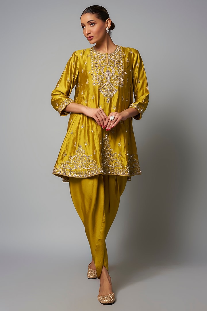 Yellow Silk Zardosi Embroidered Tunic Set by Jayanti Reddy at Pernia's Pop Up Shop
