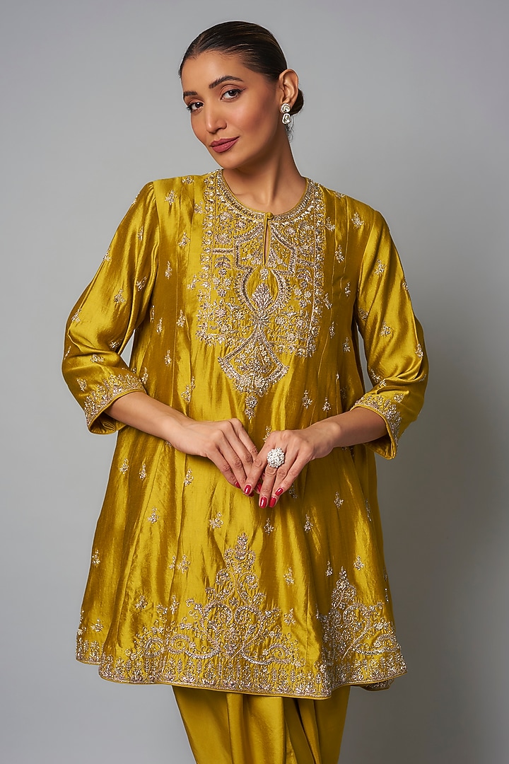 Yellow Silk Zardosi Embroidered Tunic Set by Jayanti Reddy at Pernia's Pop Up Shop