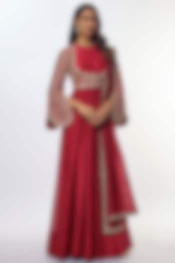 Red Silk Zardosi Embroidered Bridal Anarkali Set by Jayanti Reddy at Pernia's Pop Up Shop