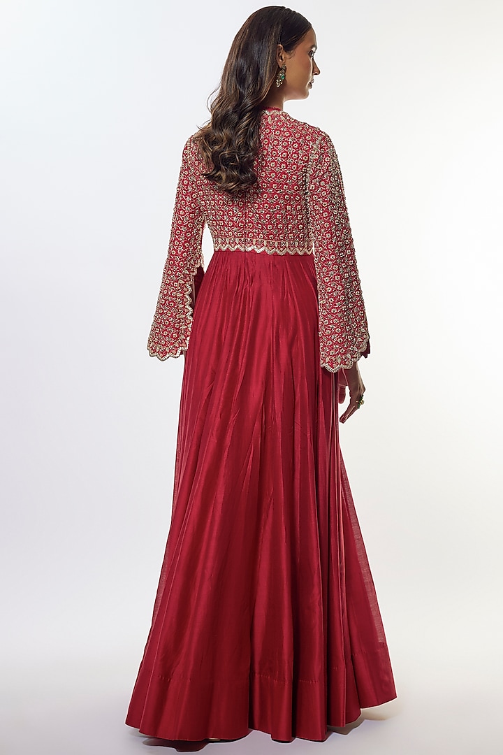 Red Silk Zardosi Embroidered Bridal Anarkali Set by Jayanti Reddy at Pernia's Pop Up Shop
