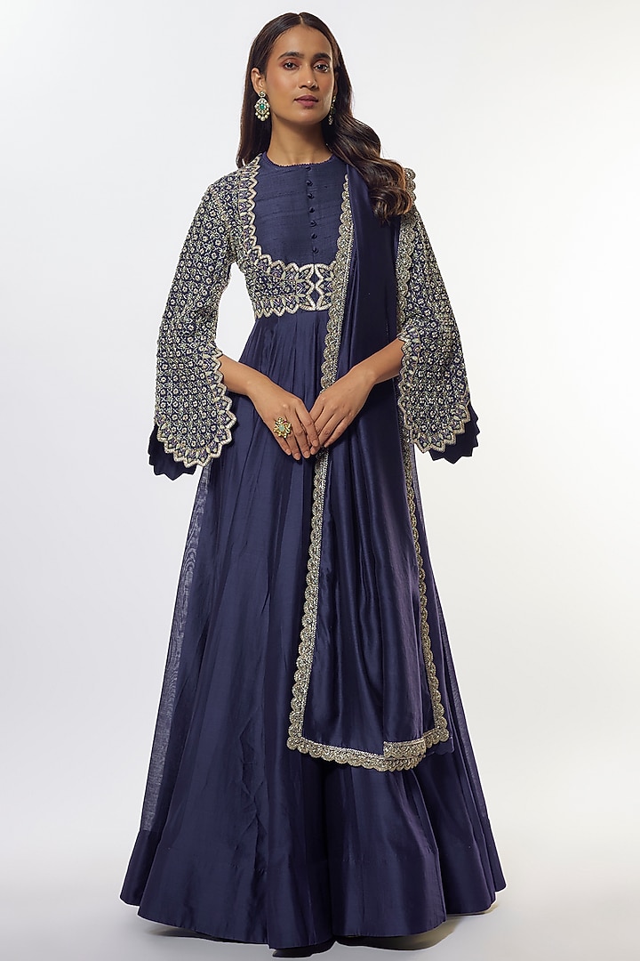 Purple Silk Zardosi Embroidered Bridal Anarkali Set by Jayanti Reddy at Pernia's Pop Up Shop