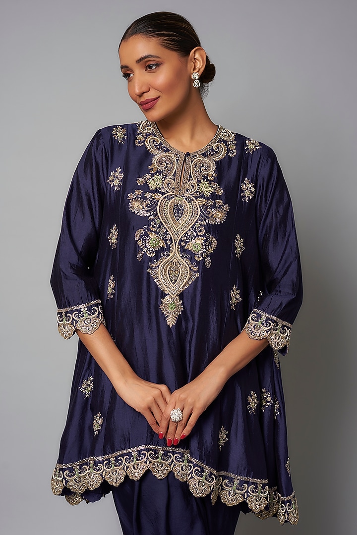Purple Silk Zardosi Embroidered Tunic Set by Jayanti Reddy at Pernia's Pop Up Shop