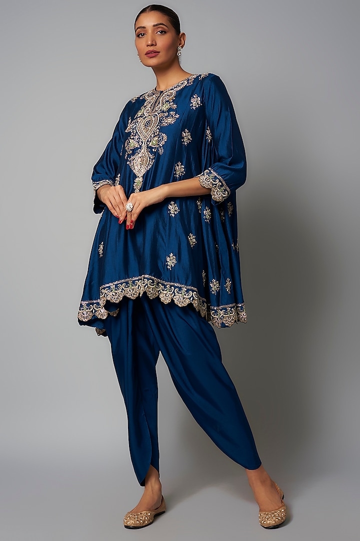 Blue Silk Zardosi Embroidered Tunic Set by Jayanti Reddy at Pernia's Pop Up Shop