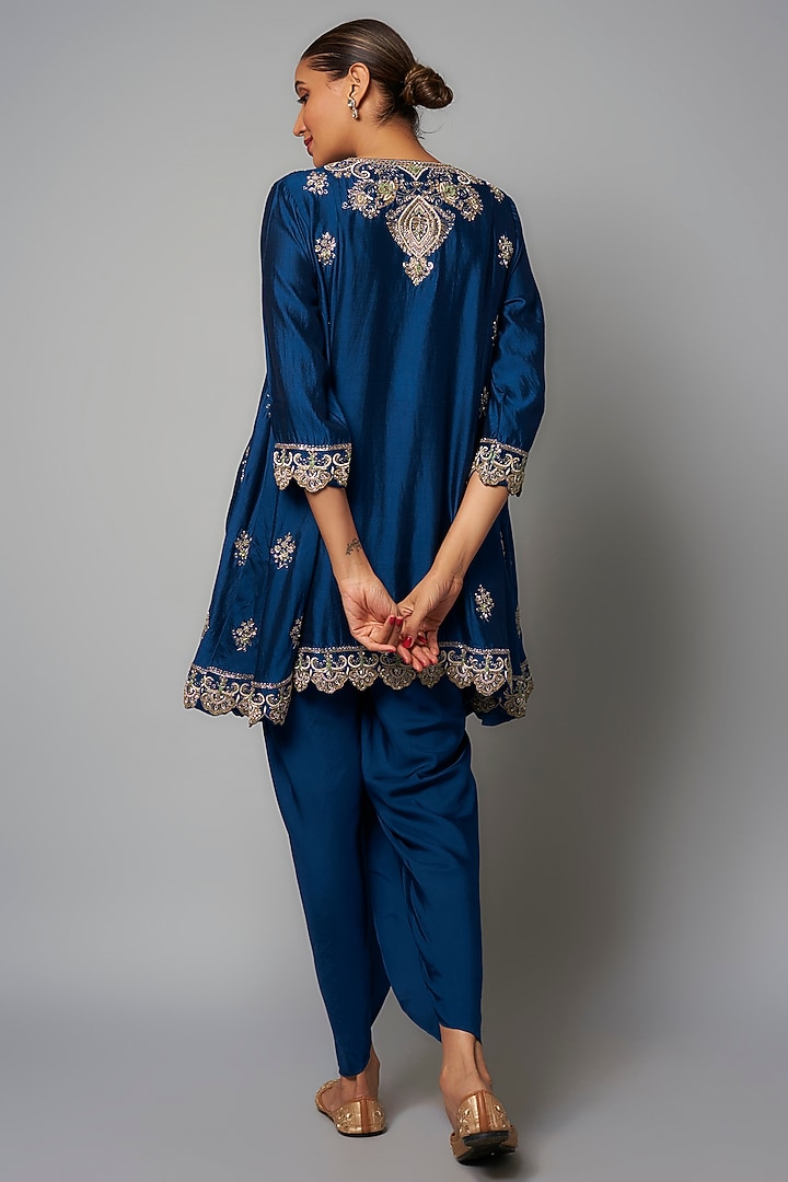 Blue Silk Zardosi Embroidered Tunic Set by Jayanti Reddy at Pernia's Pop Up Shop