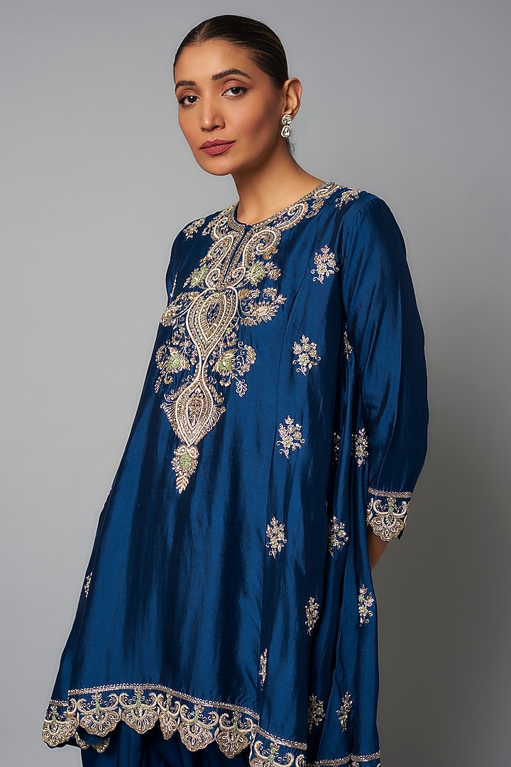 Blue Silk Zardosi Embroidered Tunic Set by Jayanti Reddy at Pernia's Pop Up Shop