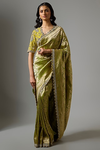 Green Banarsi Silk Zardosi Embroidered Saree Set by Jayanti Reddy