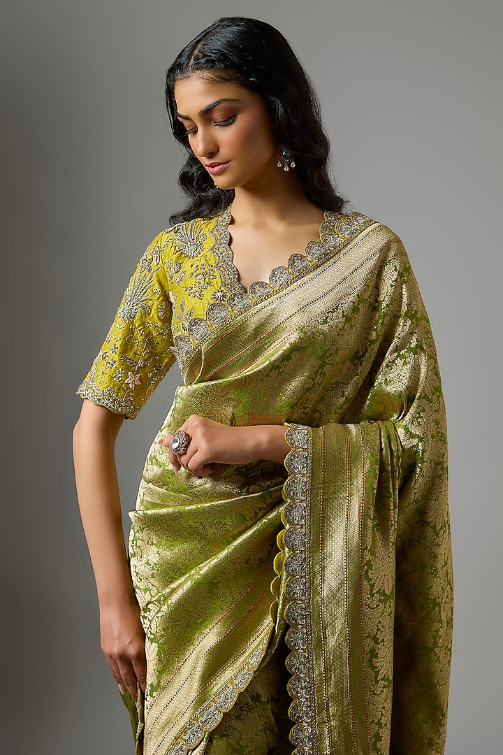 Green Banarsi Silk Zardosi Embroidered Bridal Saree Set by Jayanti Reddy at Pernia's Pop Up Shop