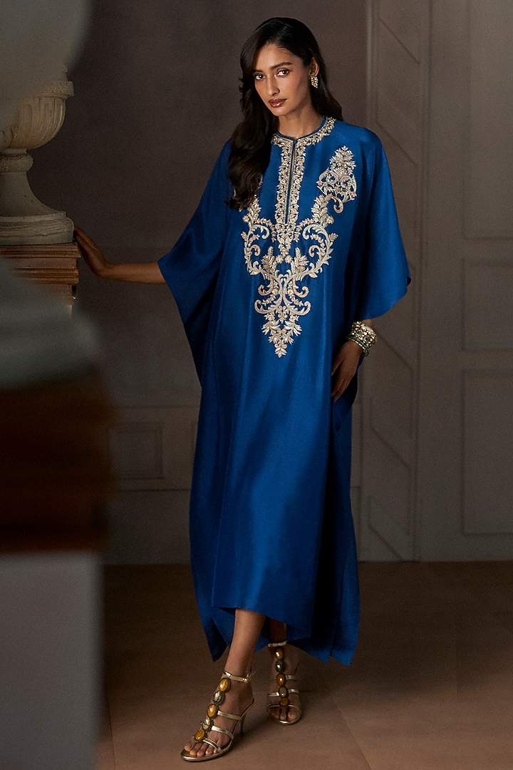 Navy Blue Silk Thread Embroidered Kaftan by Jayanti Reddy at Pernia's Pop Up Shop