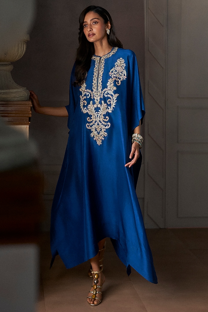 Navy Blue Silk Thread Embroidered Kaftan by Jayanti Reddy at Pernia's Pop Up Shop