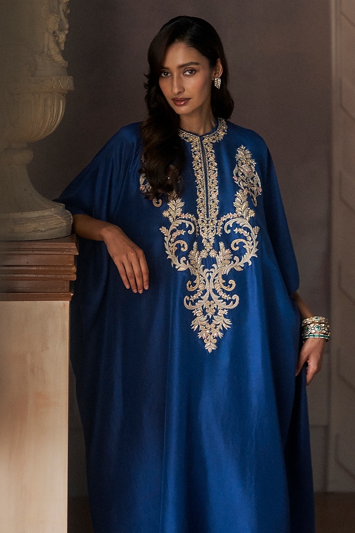 Navy Blue Silk Thread Embroidered Kaftan by Jayanti Reddy at Pernia's Pop Up Shop