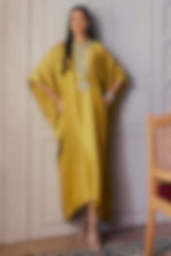Golden Yellow Silk Thread Embroidered Kaftan by Jayanti Reddy at Pernia's Pop Up Shop