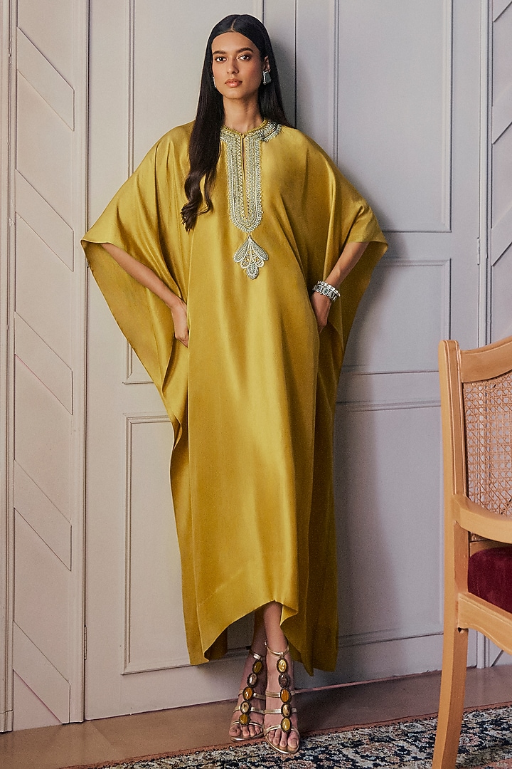 Golden Yellow Silk Thread Embroidered Kaftan by Jayanti Reddy at Pernia's Pop Up Shop