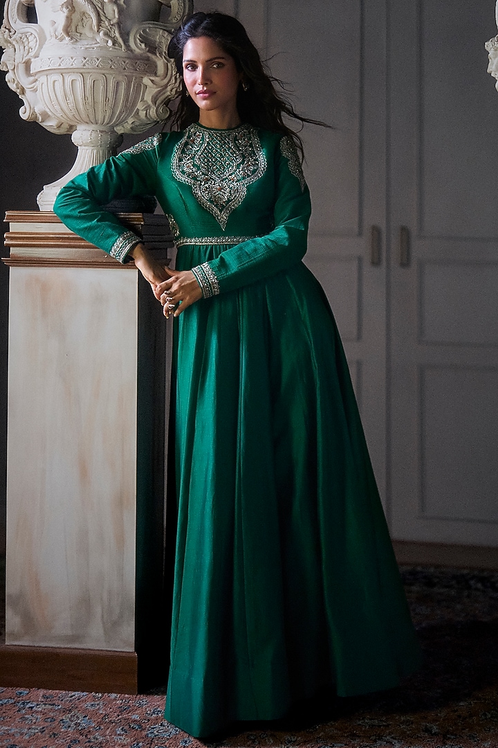 Bottle Green Silk Thread Embroidered Wedding Anarkali by Jayanti Reddy at Pernia's Pop Up Shop