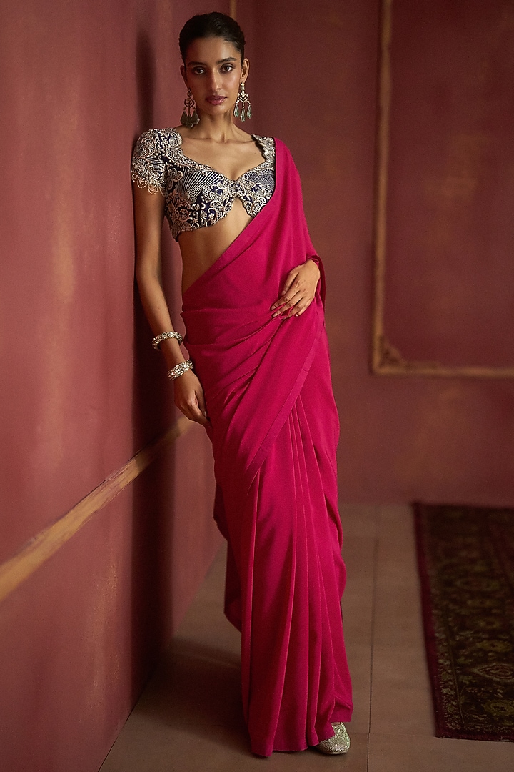 Pink Crepe Reception Saree Set by Jayanti Reddy at Pernia's Pop Up Shop