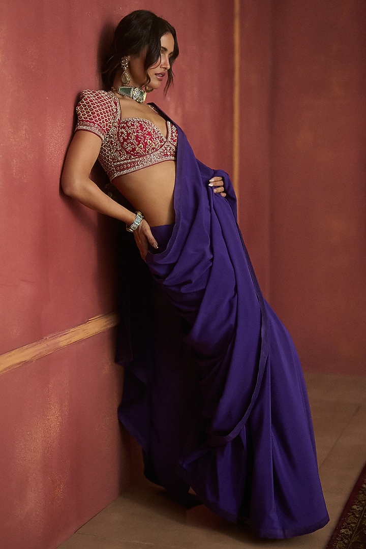 Purple Crepe Reception Saree Set by Jayanti Reddy at Pernia's Pop Up Shop