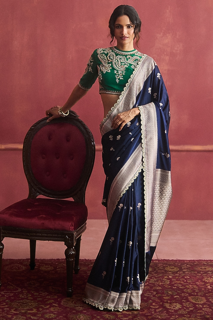 Navy Blue Banarasi Silk Bridal Saree Set by Jayanti Reddy at Pernia's Pop Up Shop