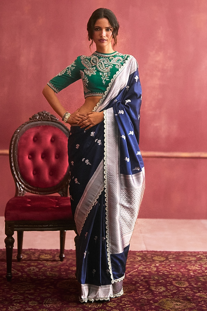 Navy Blue Banarasi Silk Bridal Saree Set by Jayanti Reddy at Pernia's Pop Up Shop