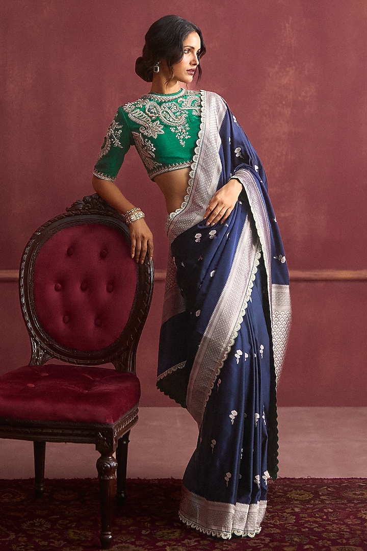 Navy Blue Banarasi Silk Bridal Saree Set by Jayanti Reddy at Pernia's Pop Up Shop