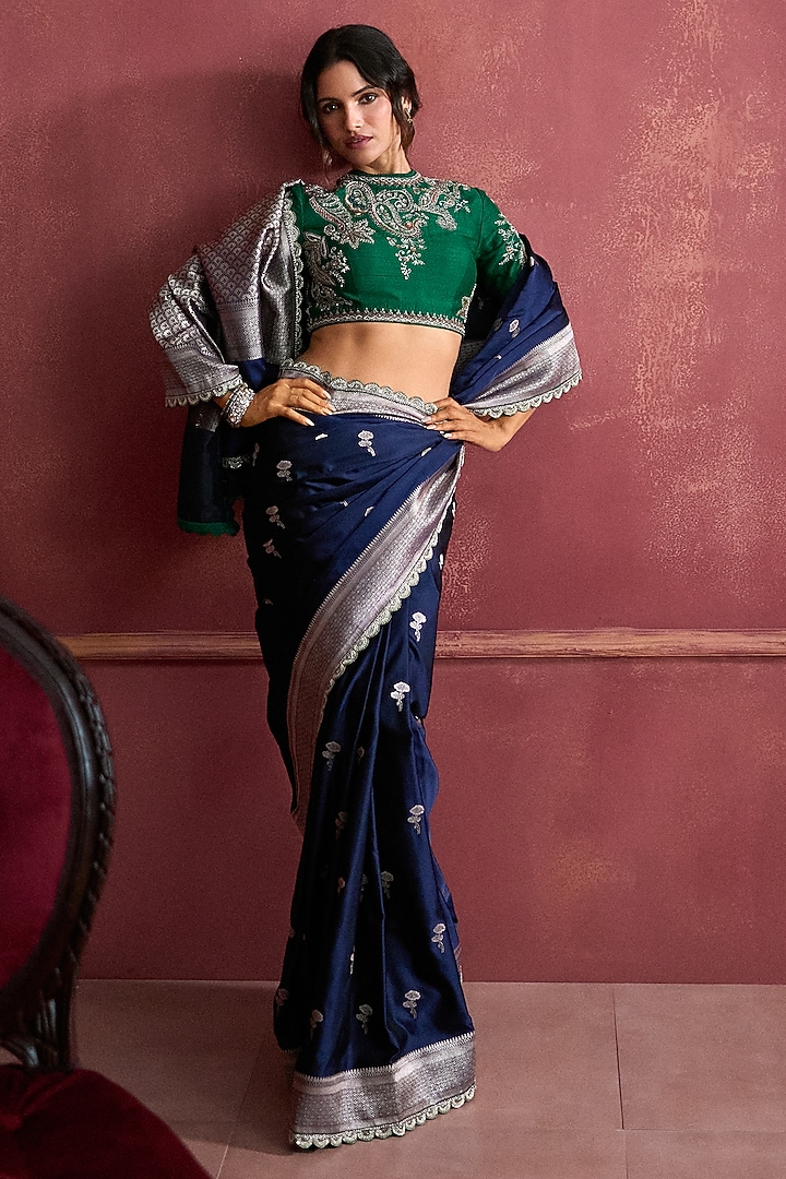 Navy Blue Banarasi Silk Bridal Saree Set by Jayanti Reddy at Pernia's Pop Up Shop