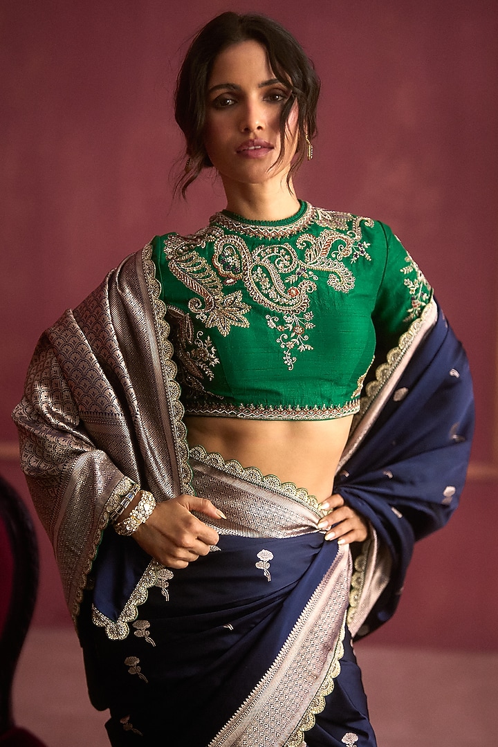 Navy Blue Banarasi Silk Bridal Saree Set by Jayanti Reddy at Pernia's Pop Up Shop