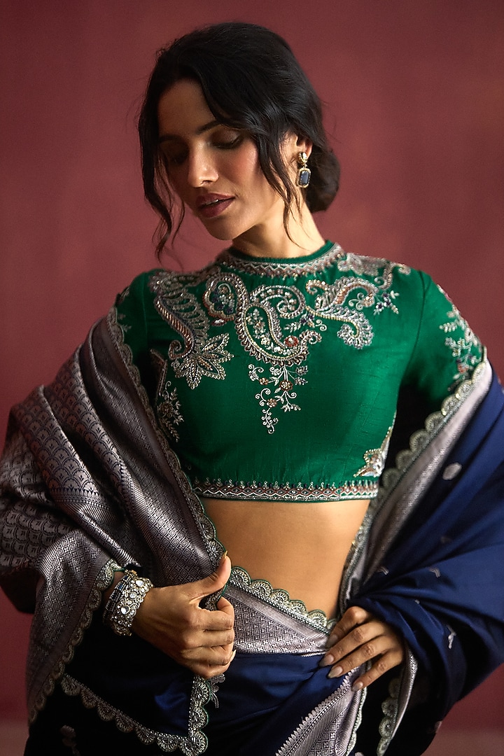 Navy Blue Banarasi Silk Bridal Saree Set by Jayanti Reddy at Pernia's Pop Up Shop