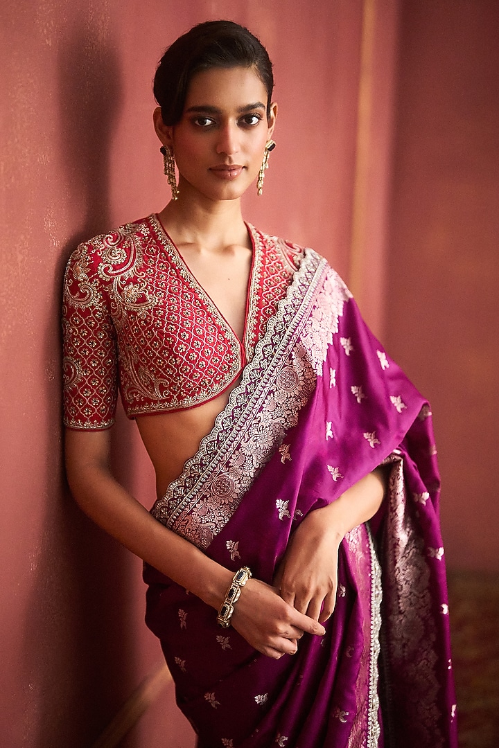 Purple Banarasi Silk Bridal Saree Set by Jayanti Reddy at Pernia's Pop Up Shop