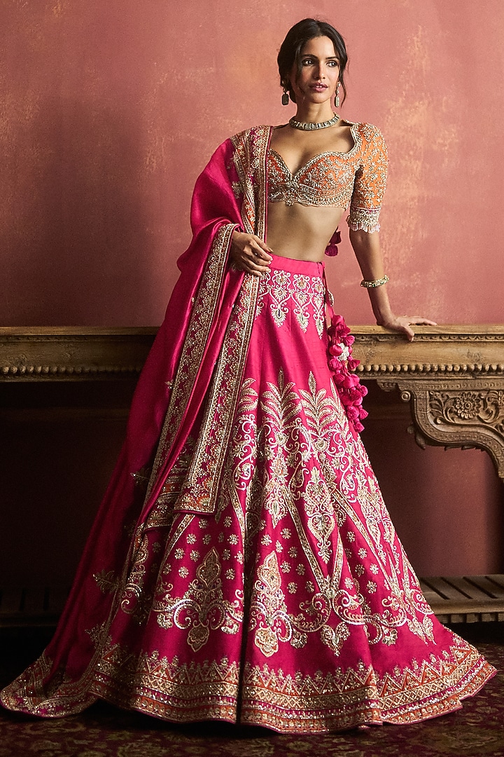 Pink Raw Silk Embroidered Bridal Lehenga Set by Jayanti Reddy at Pernia's Pop Up Shop