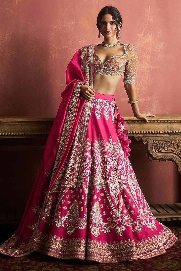 Pink Raw Silk Embroidered Bridal Lehenga Set by Jayanti Reddy at Pernia's Pop Up Shop