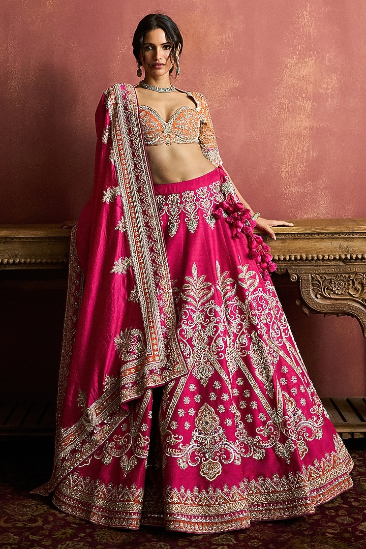 Pink Raw Silk Embroidered Bridal Lehenga Set by Jayanti Reddy at Pernia's Pop Up Shop