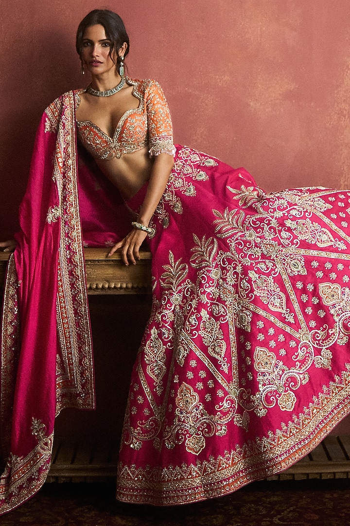 Pink Raw Silk Embroidered Bridal Lehenga Set by Jayanti Reddy at Pernia's Pop Up Shop