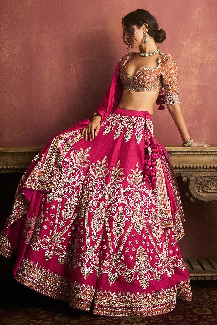 Pink Raw Silk Embroidered Bridal Lehenga Set by Jayanti Reddy at Pernia's Pop Up Shop