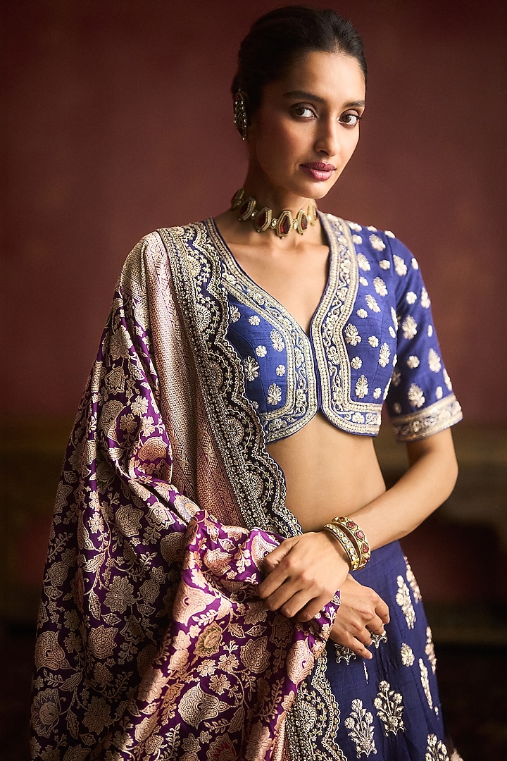 Purple Raw Silk Embroidered Bridal Lehenga Set by Jayanti Reddy at Pernia's Pop Up Shop
