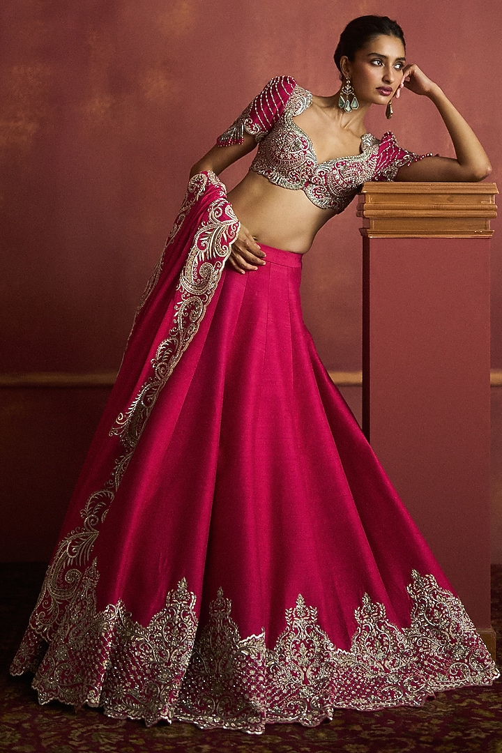 Pink Raw Silk Embroidered Bridal Lehenga Set by Jayanti Reddy at Pernia's Pop Up Shop