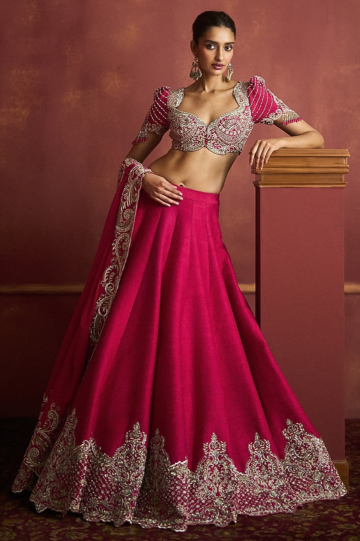 Pink Raw Silk Embroidered Bridal Lehenga Set by Jayanti Reddy at Pernia's Pop Up Shop