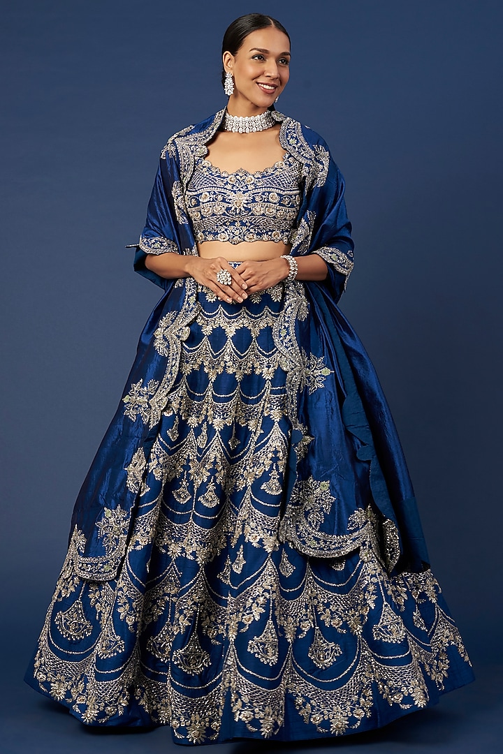 Cobalt Blue Raw Silk Embroidered Bridal Lehenga Set by Jayanti Reddy at Pernia's Pop Up Shop