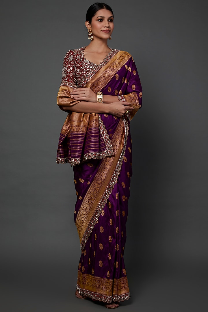 Purple Banarasi Scalloped Saree Set by Jayanti Reddy