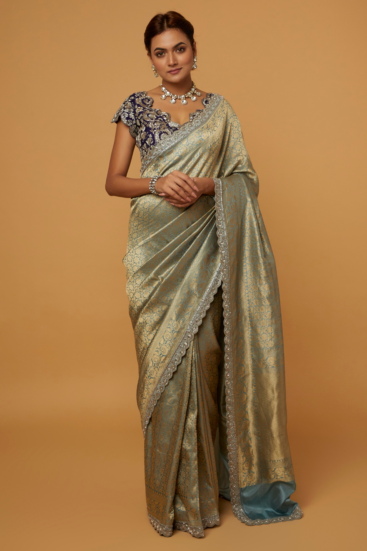 Ivory Gold Tussar Georgette Silk Handloom Banarasi Saree