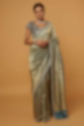 Mint Banarasi Scalloped Saree Set by Jayanti Reddy
