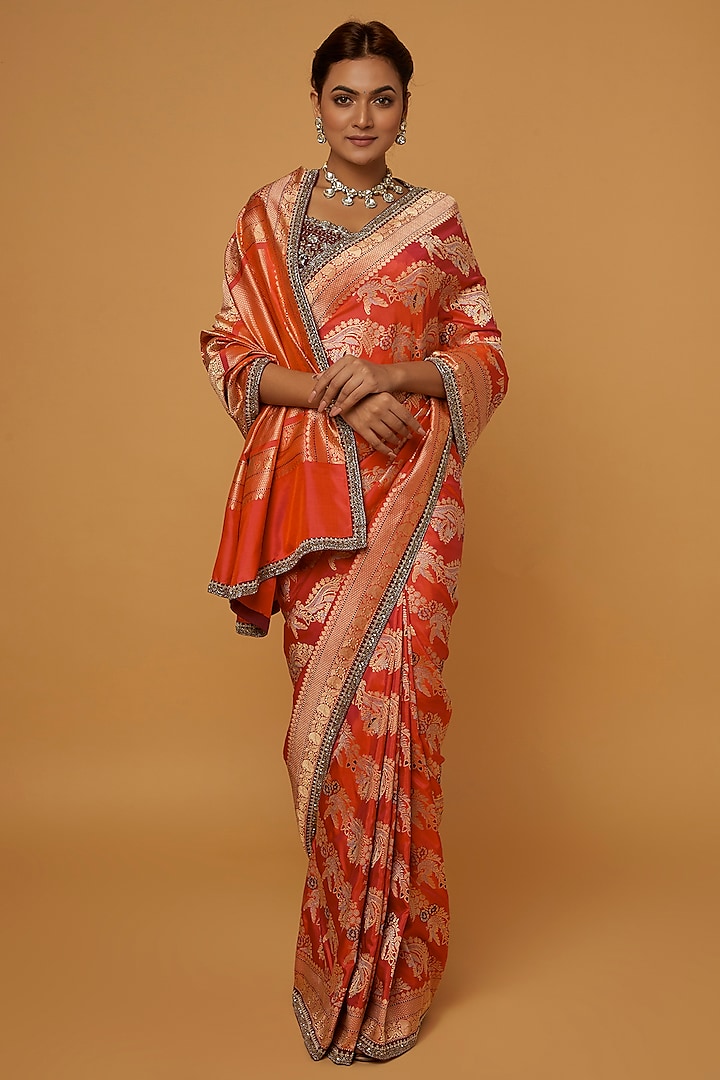 Orange Banarasi Zardosi Embroidered Saree Set by Jayanti Reddy